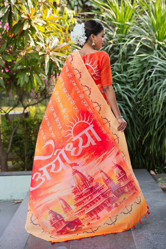 Ayodhya Ram Mandir Multi Color Printed Linen Cotton Saree With Blouse