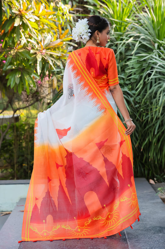 Ayodhya Ram Mandir Multi Color Printed Linen Cotton Saree With Blouse