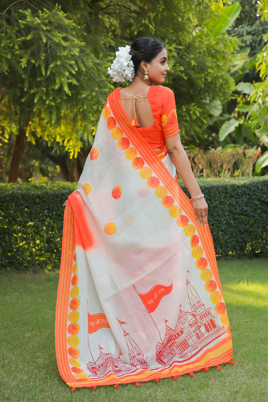 Ayodhya Ram Mandir Multi Color Printed Linen Cotton Saree With Blouse