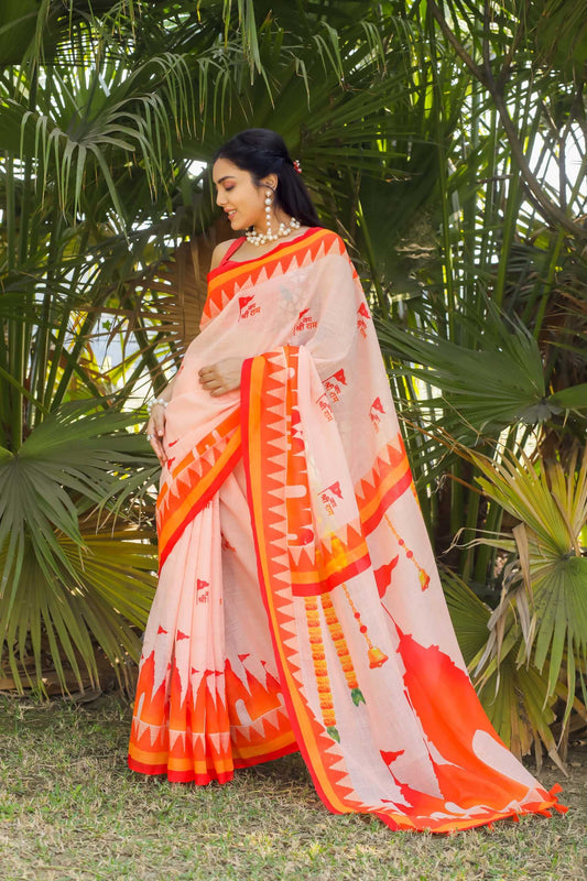 Multi Color Ayodhya Ram Mandir Printed Linen Cotton Saree With Blouse