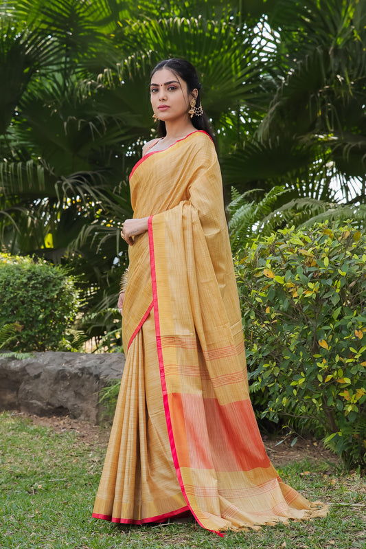 Beige Color Cotton Linen Saree With Blouse