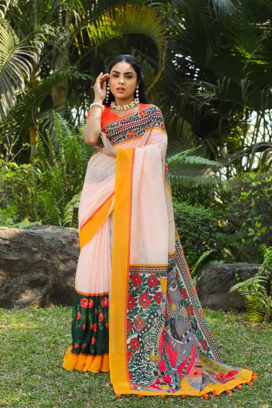 Multi Color Printed Cotton Linen Saree With Blouse