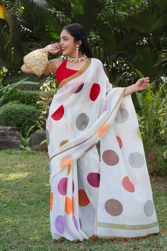 White Color Printed Cotton Linen Saree With Blouse