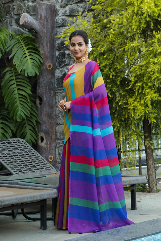 Multi Color Cotton Linen Saree With Blouse