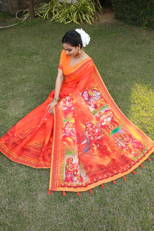 Ramayanam God Ram Printed Linen Cotton Saree