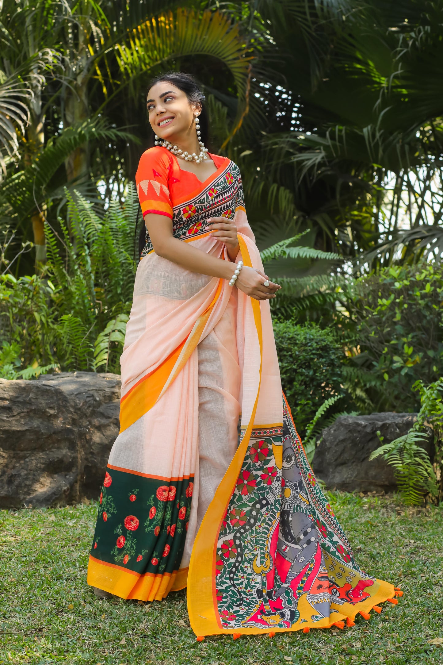 Multi Color Printed Cotton Linen Saree With Blouse