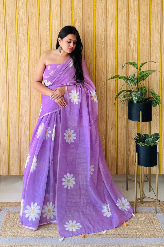 purpul Soft Linen Cotton Silk Sarees CHAMPA Flower Print