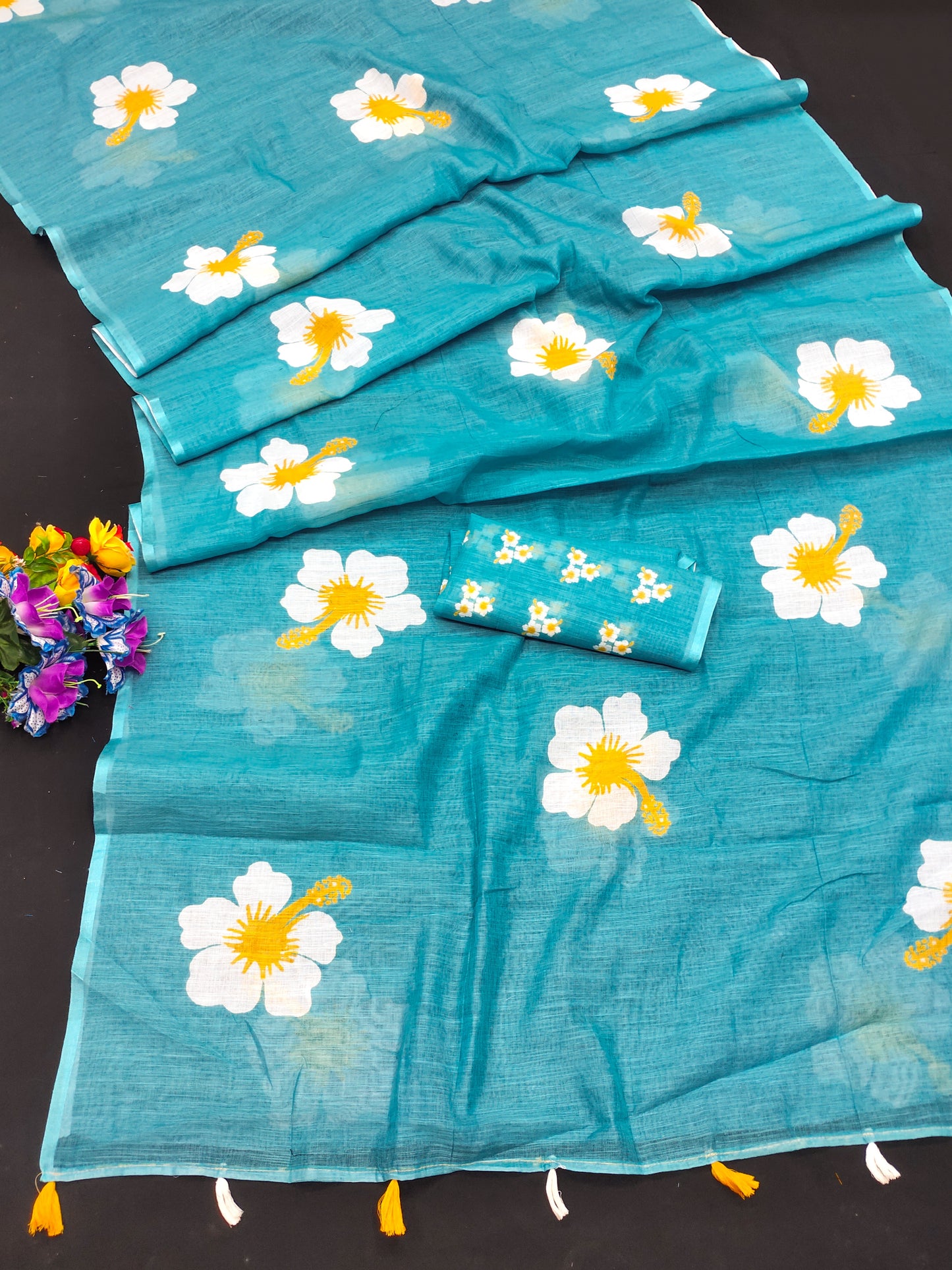 Sky Soft Linen Cotton Silk Sarees CHAMPA Jasud Flower Print