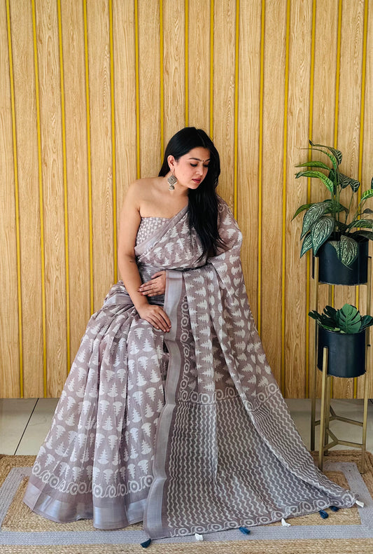 New Concept Premium And Rich Soft Linen Cotton Digital Print Saree With Silver Border