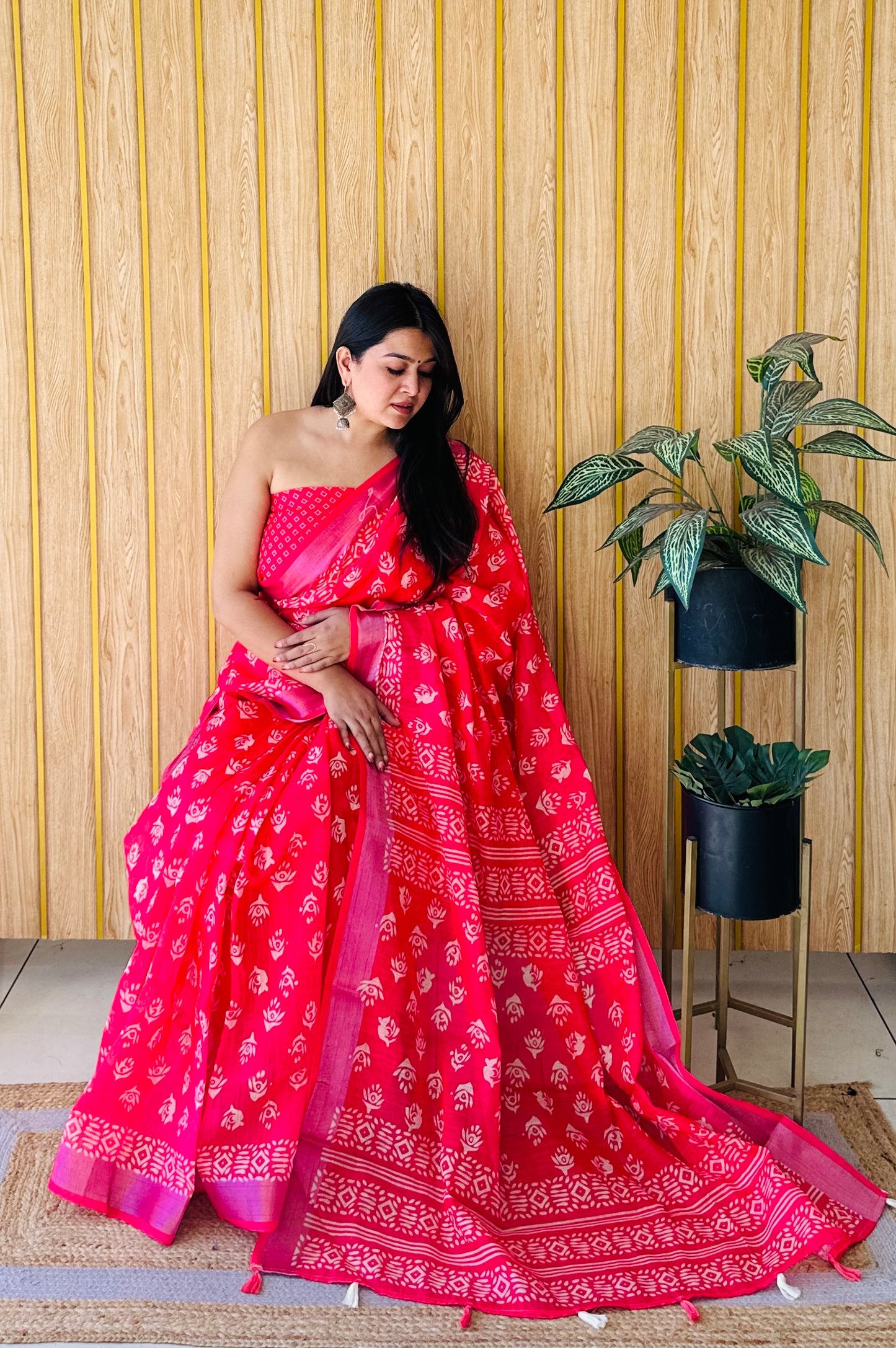 Red Color Soft Linen Cotton Digital Print Saree Very Premium And Rich Quality