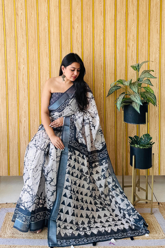 Black-White Color Soft Linen Cotton Digital Print Saree Very Premium And Rich Quality