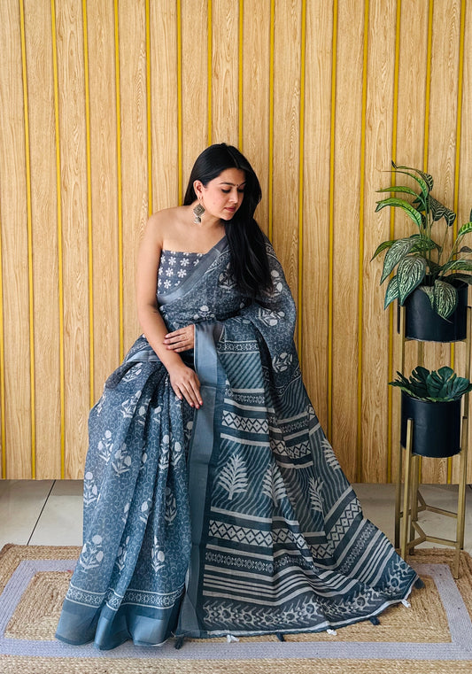 Gray Color Premium Quality Soft Linen Cotton Digital Print Saree With Silver Border