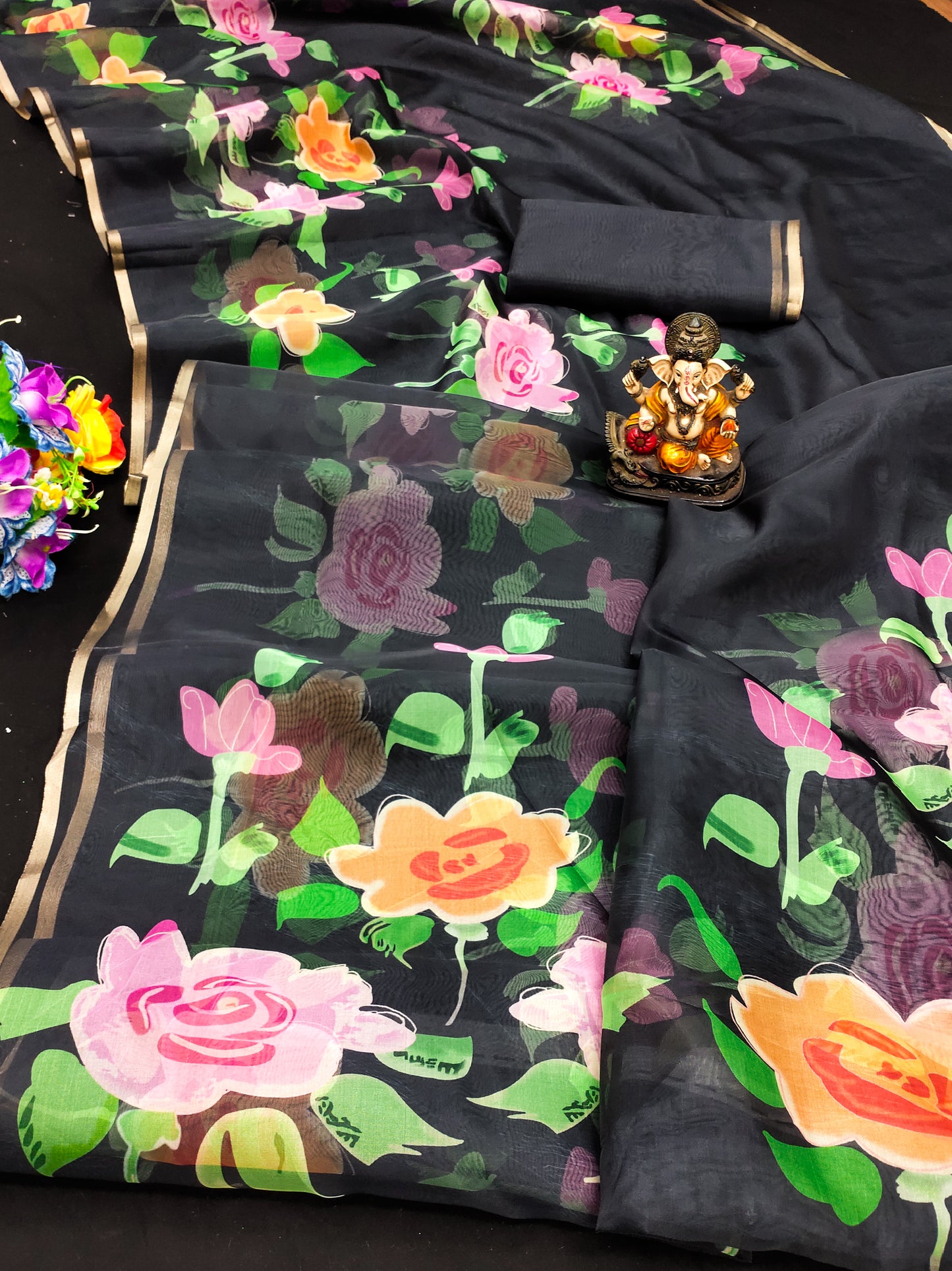 Black Color Traditional And Classic With Best Quality Organza Digital Print