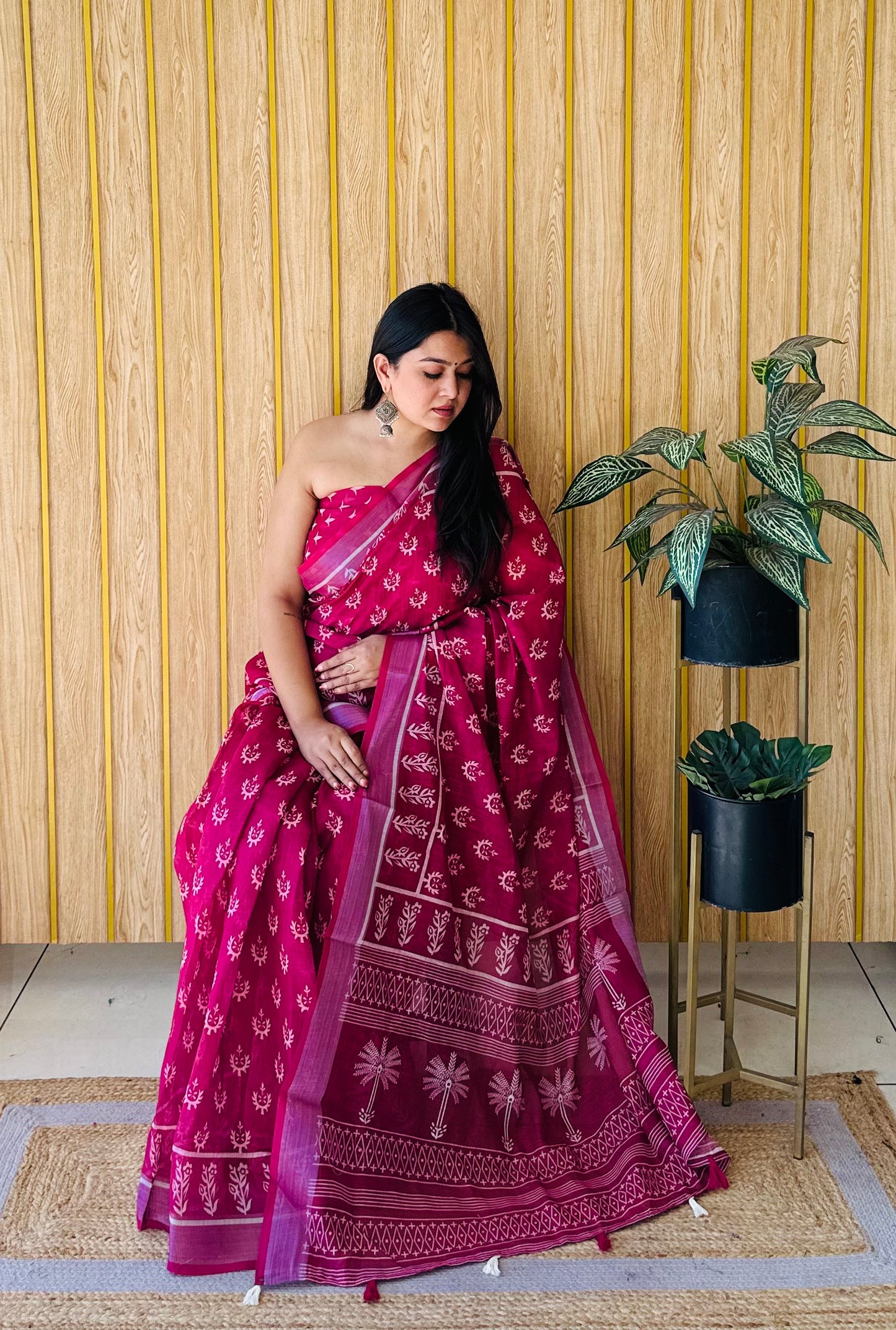 Wine Color Soft Linen Cotton Digital Print Saree Very Premium And Rich Quality