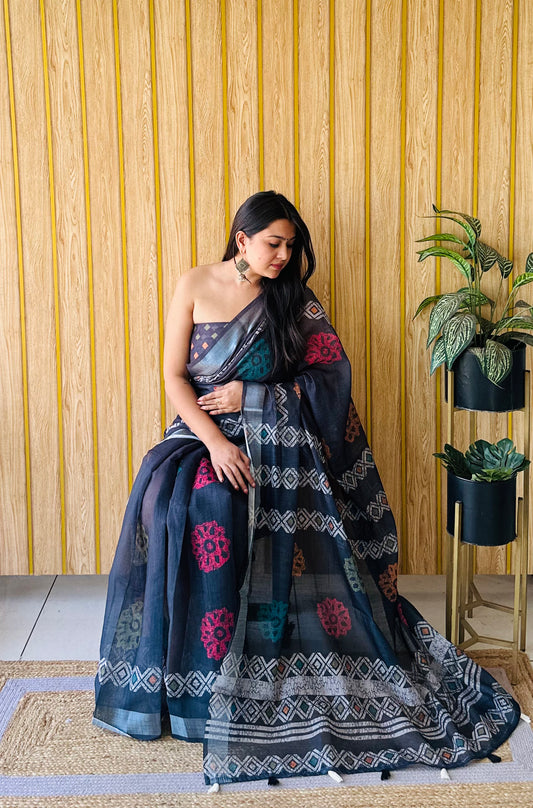 New Concept Premium And Rich Soft Linen Cotton Digital Print Saree With Silver Border