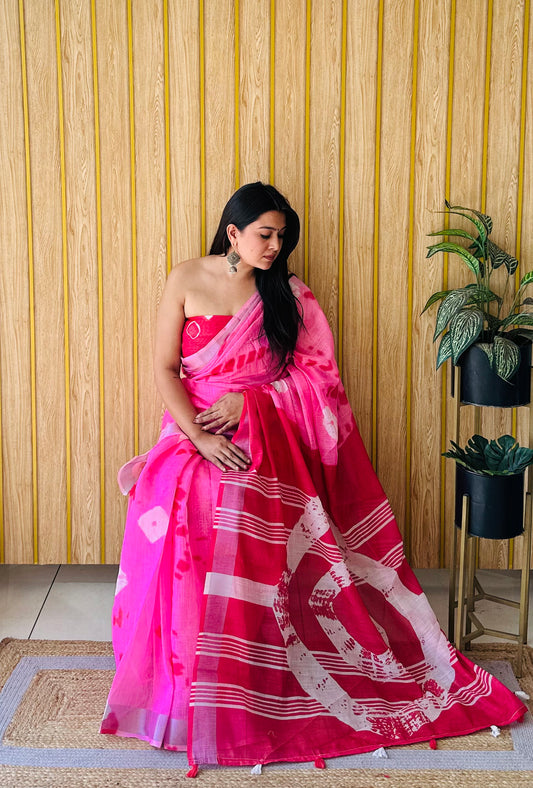 Dark Pink Color Premium Quality Soft Linen Cotton Digital Print Saree With Silver Border