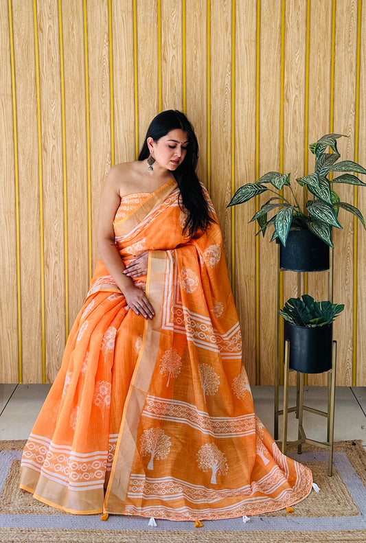 Yellow Color Soft Linen Cotton Digital Print Saree Very Premium And Rich Quality