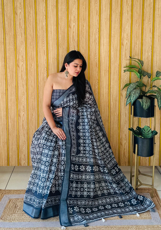 Black Color Premium Quality Soft Linen Cotton Digital Print Saree With Silver Border