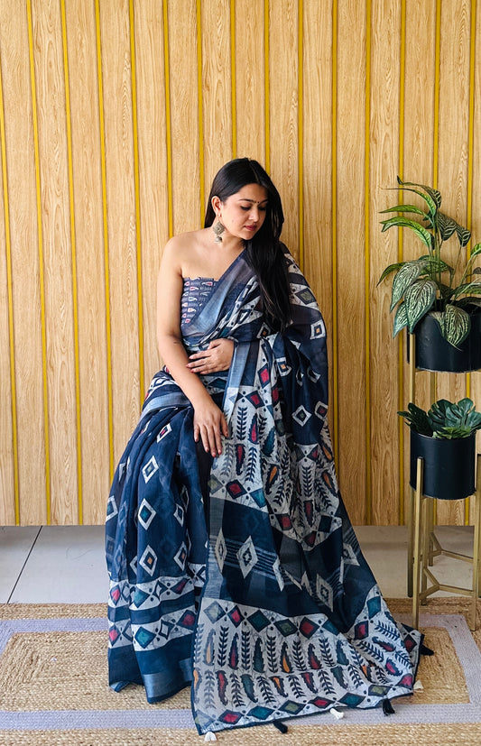 New Concept Premium And Rich Soft Linen Cotton Digital Print Saree With Silver Border