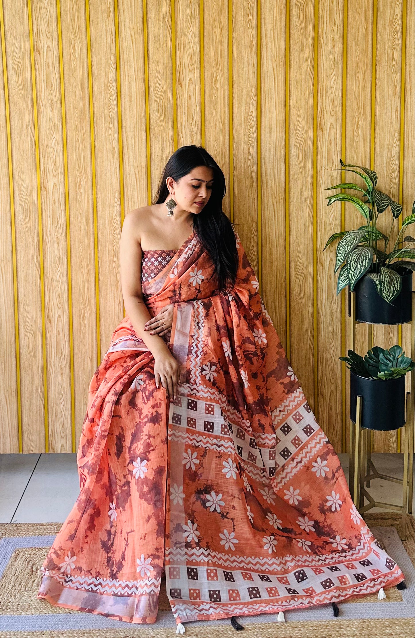 Orange New Concept Premium And Rich Soft Linen Cotton Digital Print Saree With Silver Border