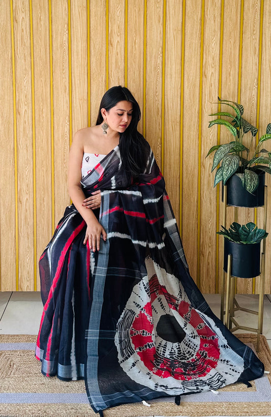 Black-White Color Premium Quality Soft Linen Cotton Digital Print Saree With Silver Border