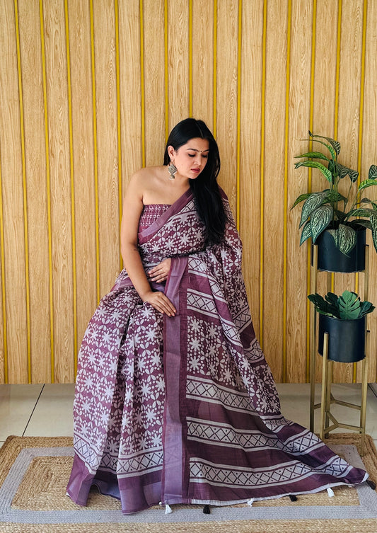 Brown Color Premium Quality Soft Linen Cotton Digital Print Saree With Silver Border