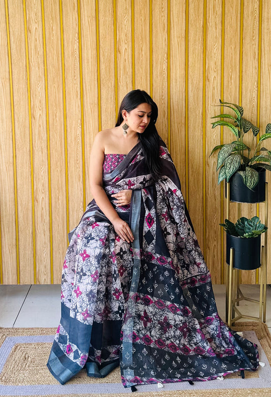 New Concept Premium And Rich Soft Linen Cotton Digital Print Saree With Silver Border