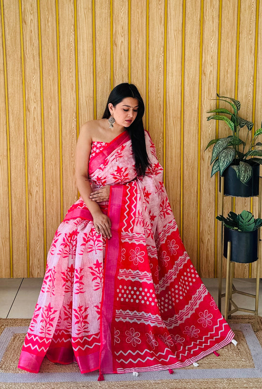 Red Color Premium Quality Soft Linen Cotton Digital Print Saree With Silver Border