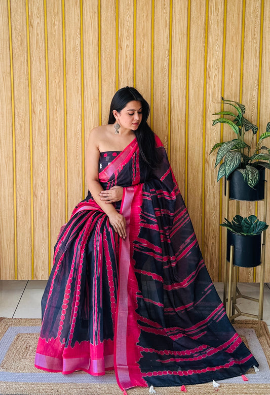 Black-Red Color Premium Quality Soft Linen Cotton Digital Print Saree With Silver Border