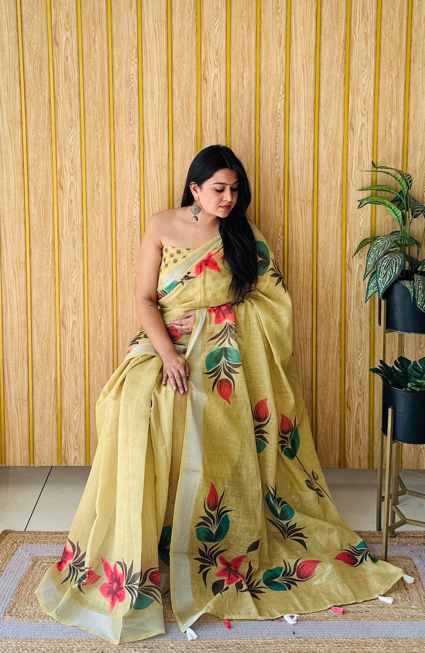 Yellow Color Exclusive Wedding Soft Linen Cotton Digital Print Saree With Silver Border