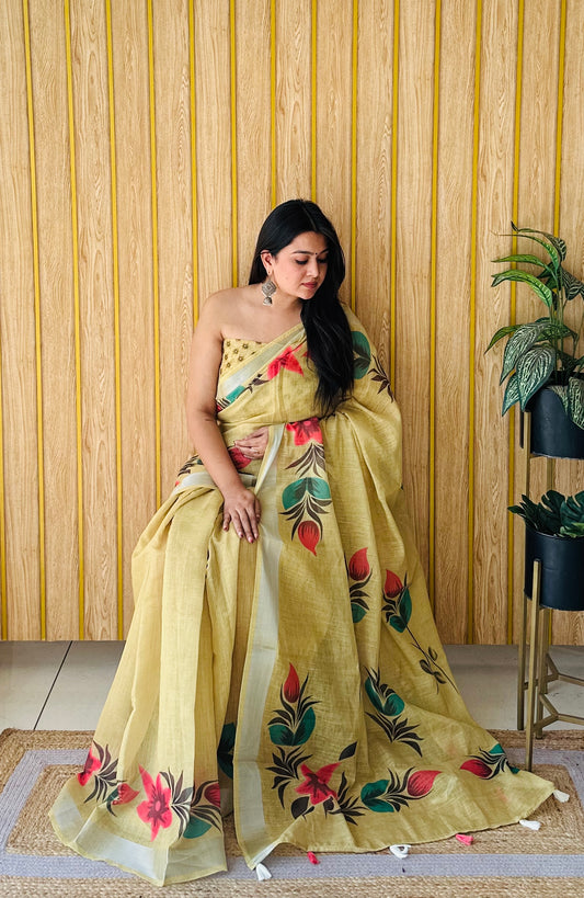 Yellow Color Exclusive Wedding Soft Linen Cotton Digital Print Saree With Silver Border