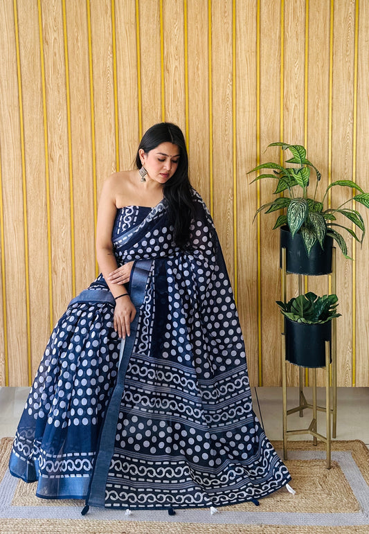Navy Blue Color Soft Linen Cotton Digital Print Saree Very Premium And Rich Quality