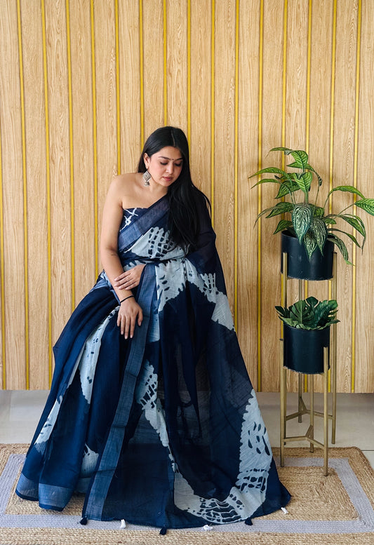 Navy Blue Color Soft Linen Cotton Digital Print Saree Very Premium And Rich Quality
