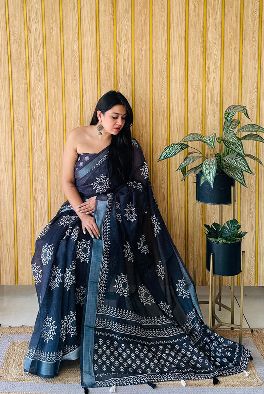 Black Color Soft Linen Cotton Digital Print Saree Very Premium And Rich Quality