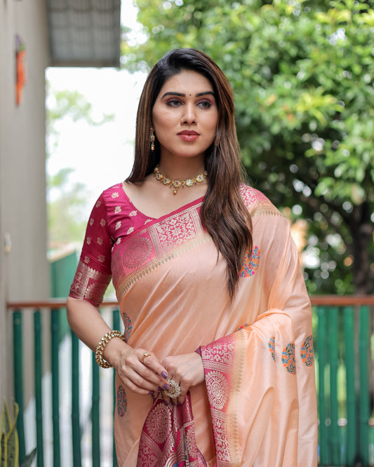 पीच रंग सुंदर ट्रेंडी संग्रह डोला सिल्क साड़ी अद्वितीय बूटा डिजाइन के साथ