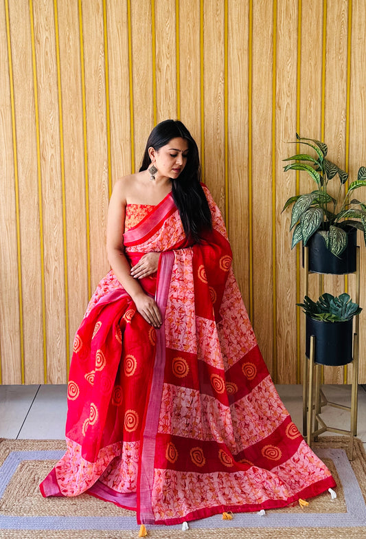 Red Color Exclusive Quality Beautiful Soft Linen Cotton Digital Print Saree