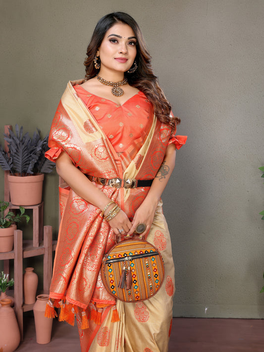 Orange Jugani Viscose silky sarees that are soft and with all over weaving butties in the body
