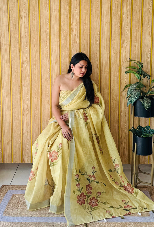 Yellow Color Premium Quality Soft Linen Cotton Digital Print Saree With Silver Border