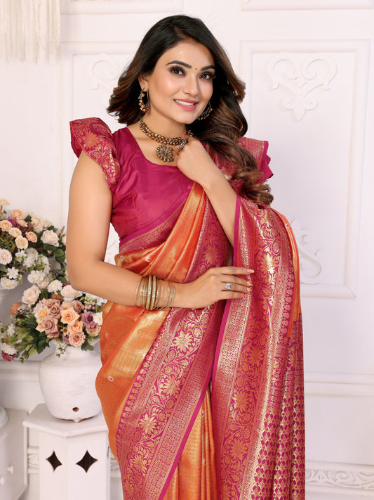 Orange Eshwari Banarasi tissue silk sarees with all over Butti weaving in Body