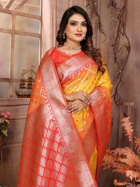 Yellow Kundan kochi silk saree with beautiful Checks weaving exclusive work soft comfy