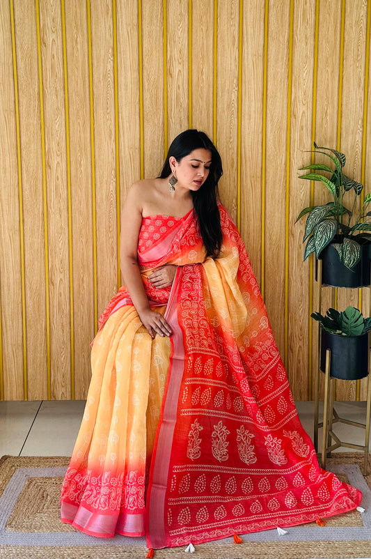 New Concept Premium And Rich Soft Linen Cotton Digital Print Saree With Silver Border