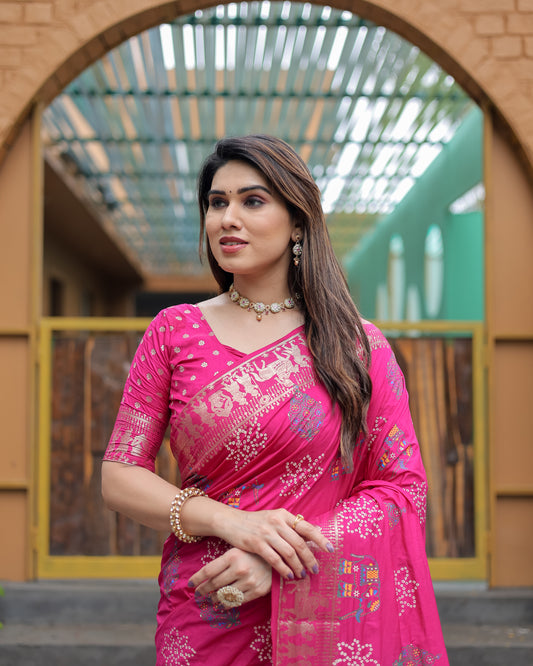 कांची बुनाई बॉर्डर के साथ गुलाबी मस्तानी मुलायम डोला सिल्क बंधेज प्रिंट साड़ी