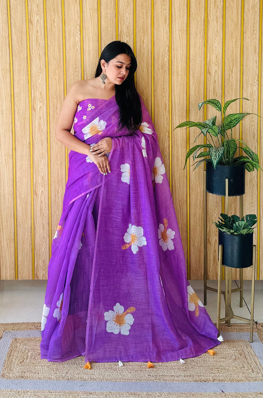 purpul Soft Linen Cotton Silk Sarees CHAMPA Jasud Flower Print