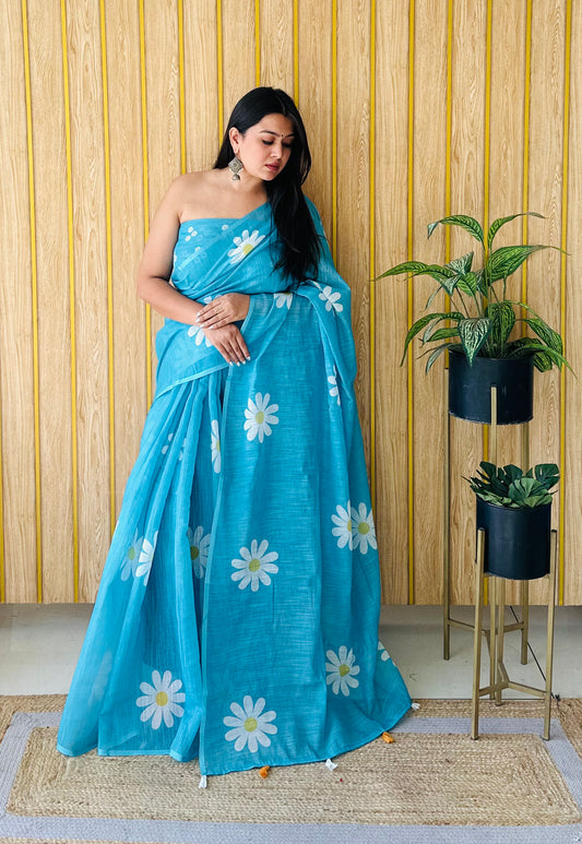 Sly Soft Linen Cotton Silk Sarees CHAMPA Flower Print