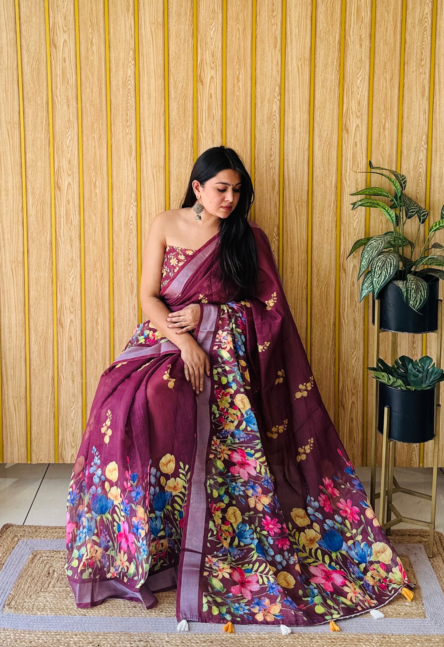 Wine Color Premium Quality Beautiful Soft Linen Cotton Digital Print Saree