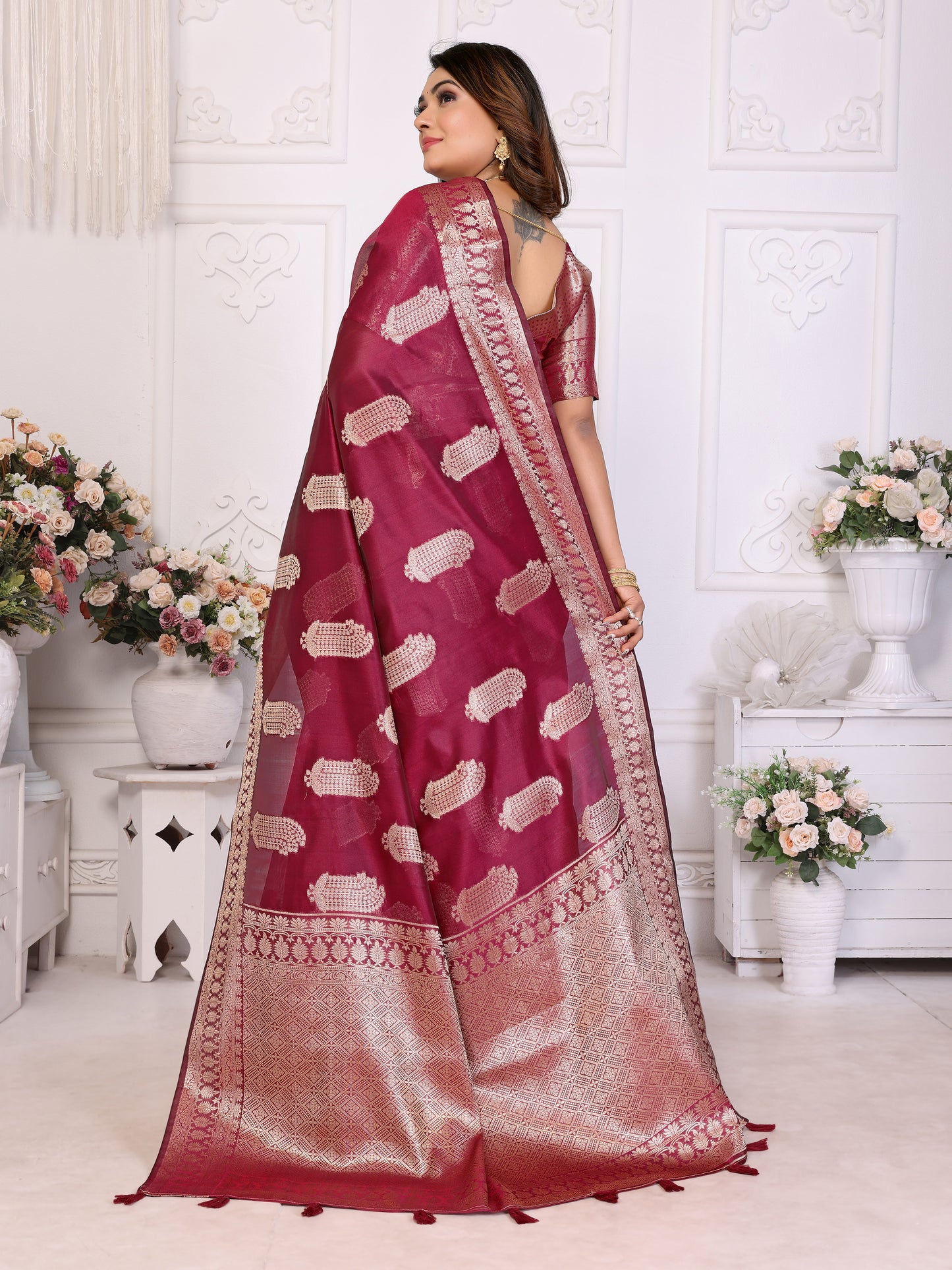 Maroon Color Premium And Superior Soft Organza Silk Banarasi Saree Butta With Unique Colour