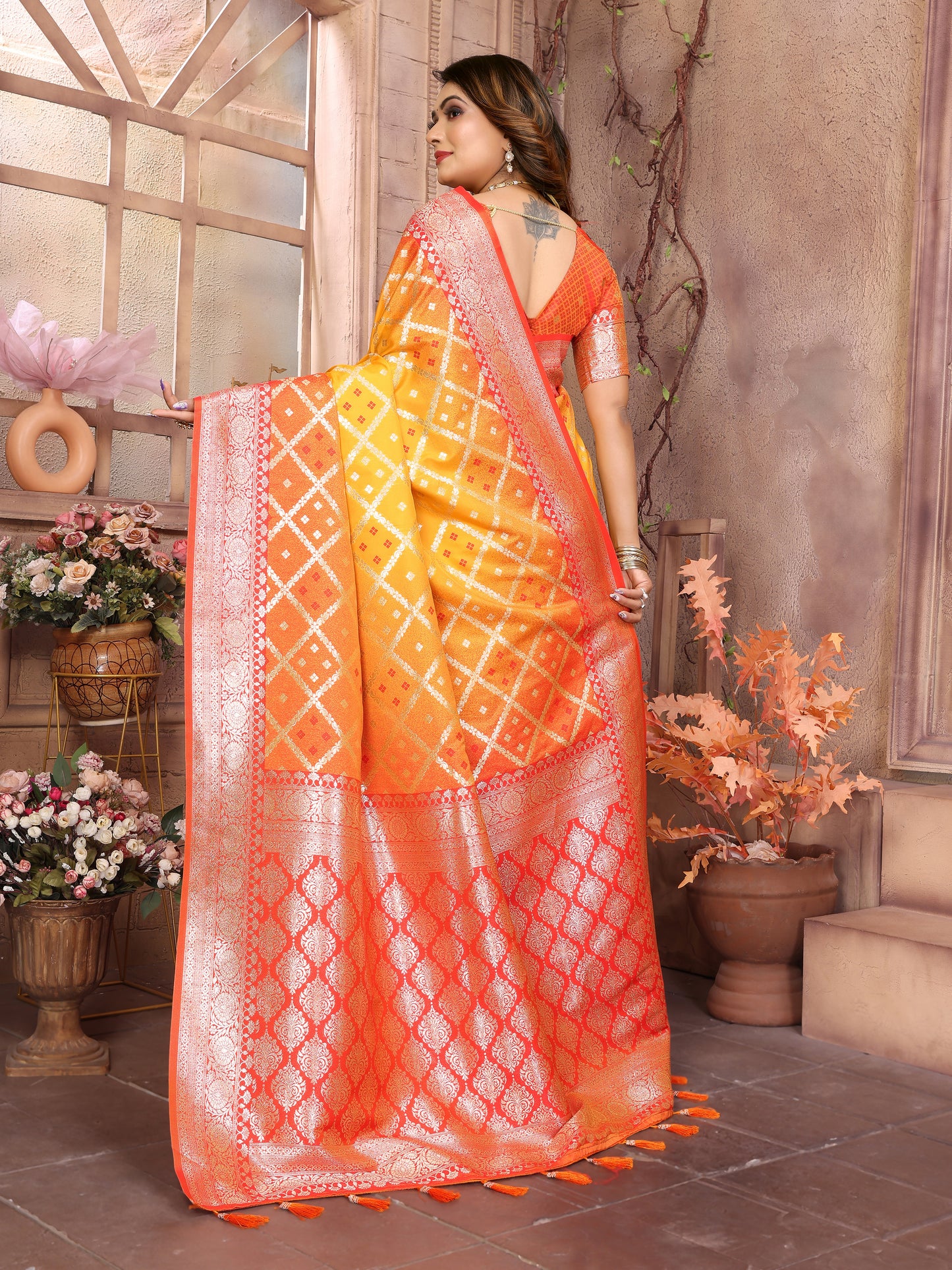 Yellow Kundan kochi silk saree with beautiful Checks weaving exclusive work soft comfy