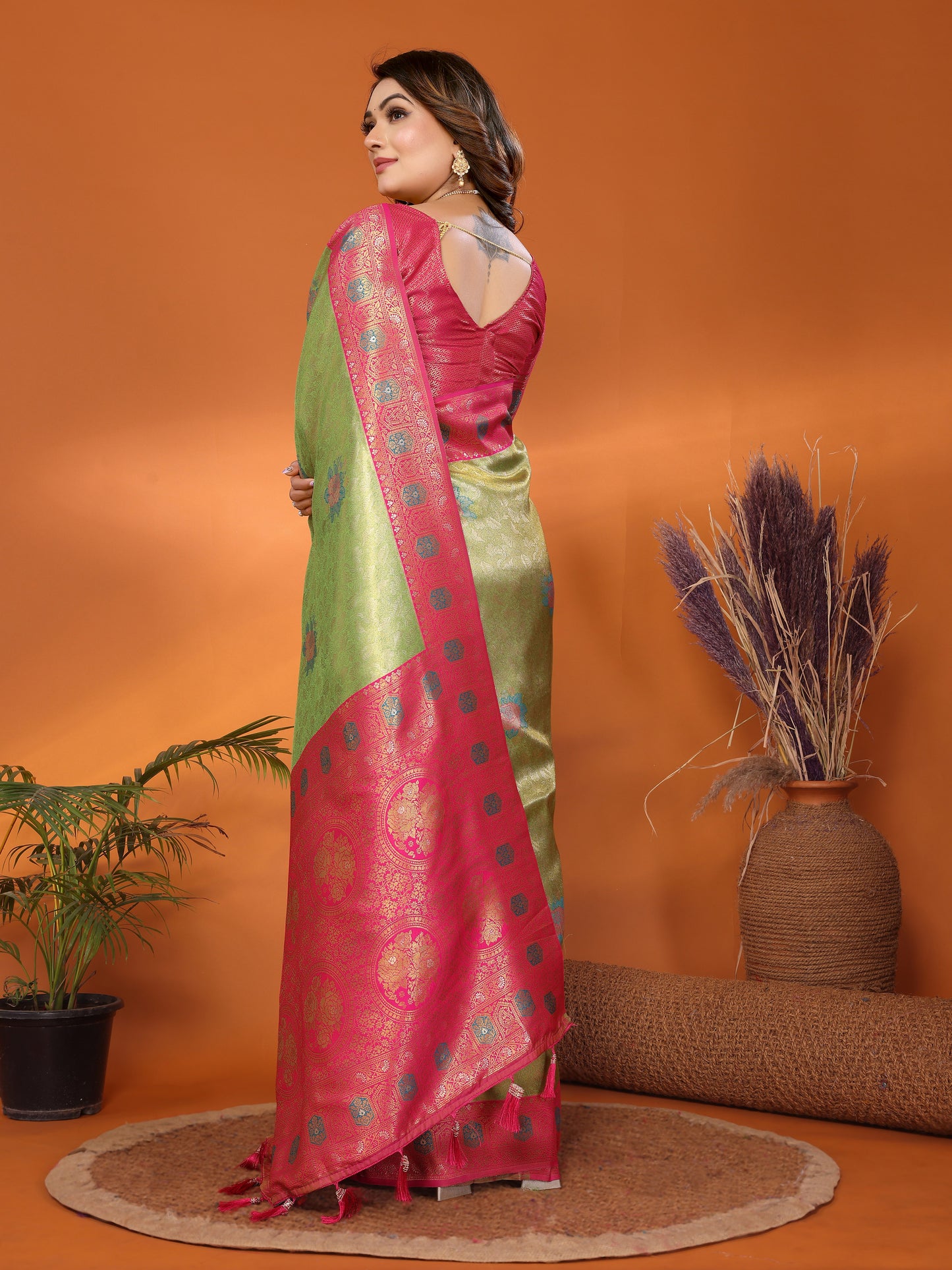 Green Saroz banarasi tissue silk sarees with all over weaving butties