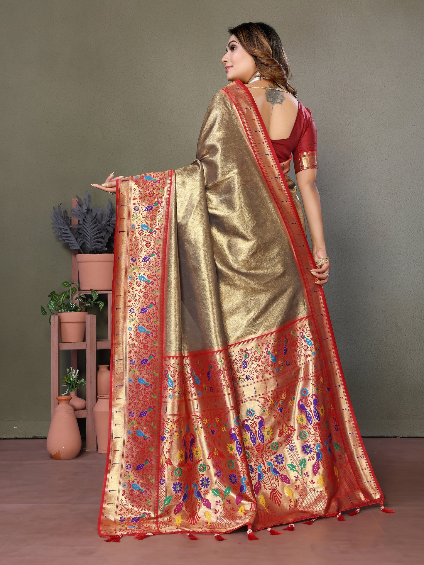 Gold Mrudangi pure banarasi tissue silk sarees With weaving butties