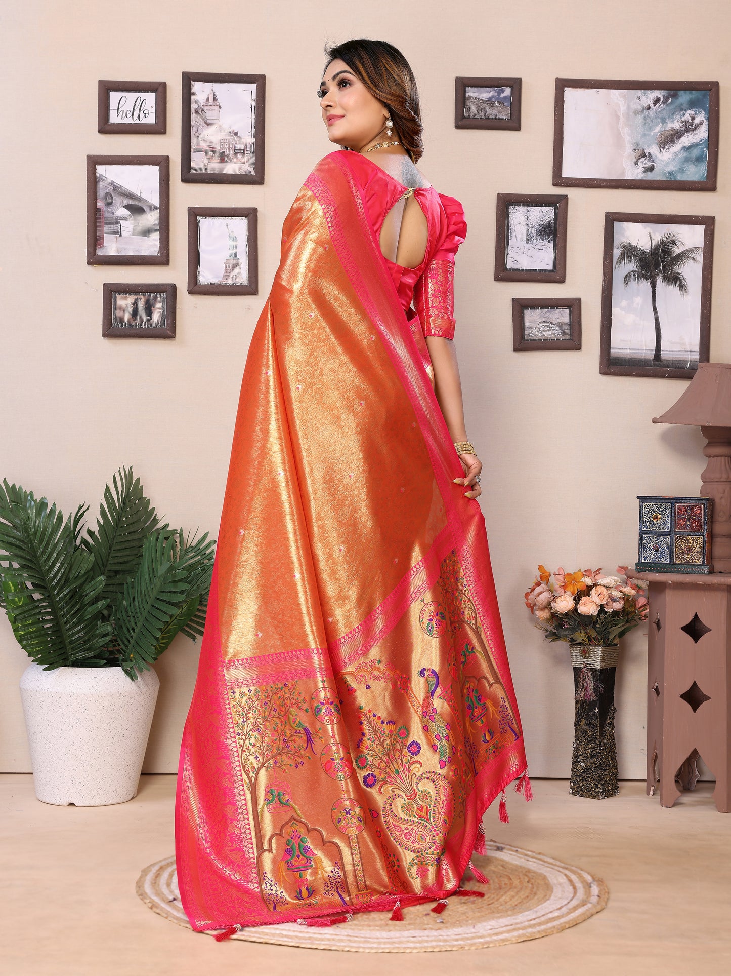 Orange Color Presenting Pure Banarasi Tissue Silk Saree With Paithani Border